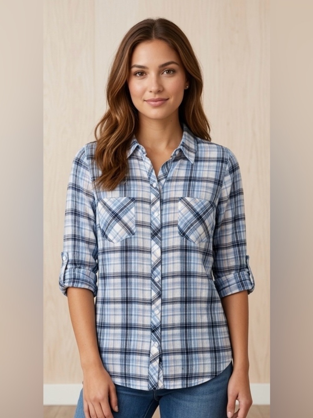 Soft Joie Plaid Roll Tab Button Down Blouse Casual Layering⁠ Size Small